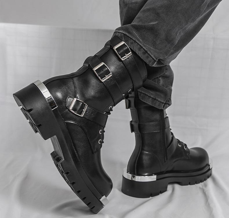 Designer New Men's Black Rock Punk Hip-hop Belt Buckle Ankle Boots Botas Britain Fashion Luxury Motorcycle Shoes Zapatos Hombre
