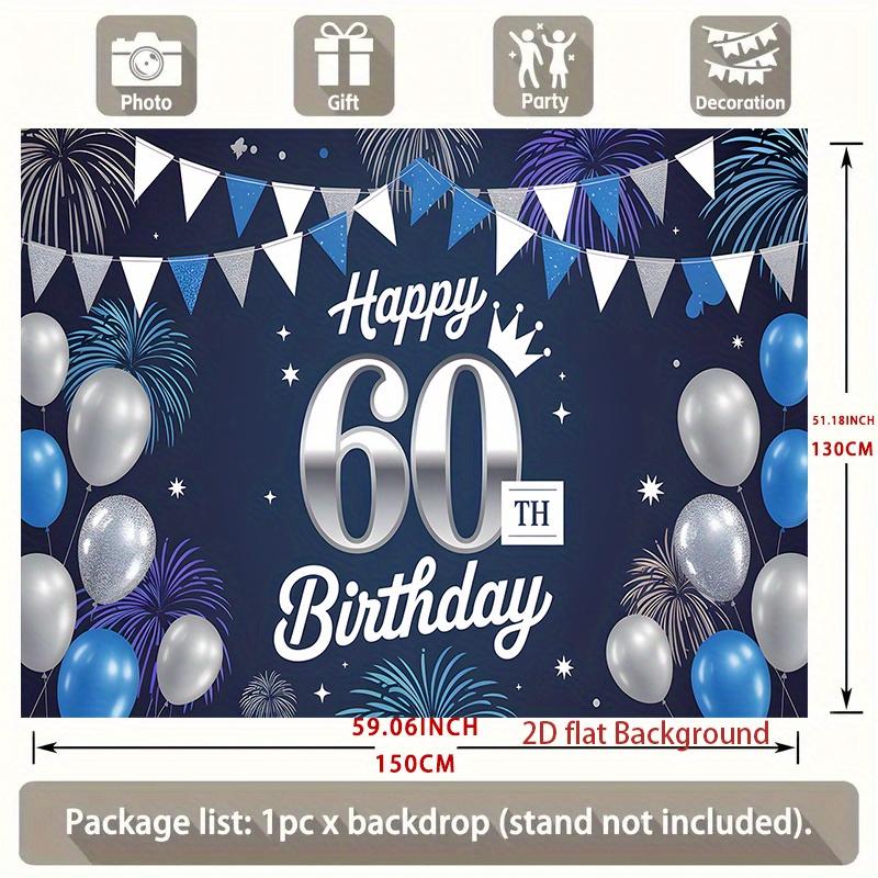 1pc Birthday 60th Balloon Elegant Hanging Banner Blue White Polyester