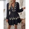 MODIQUE 2025 Summer New Ladies Elegant Retro Floral Embroidery Lantern Sleeve Deep V-Neck Elastic Waist Pleated Short Dress