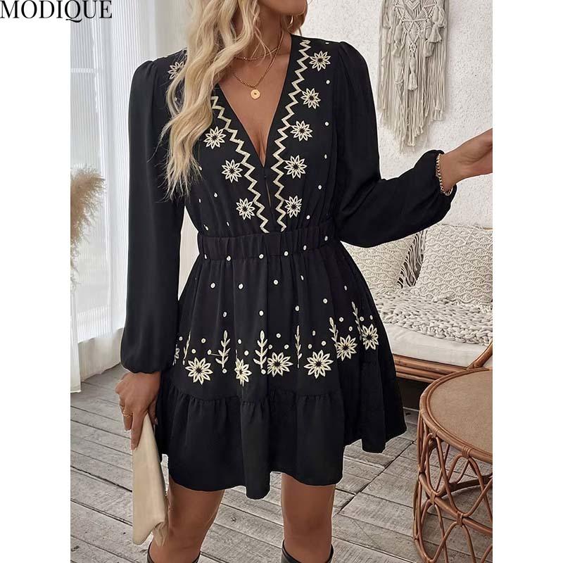 MODIQUE 2025 Summer New Ladies Elegant Retro Floral Embroidery Lantern Sleeve Deep V-Neck Elastic Waist Pleated Short Dress