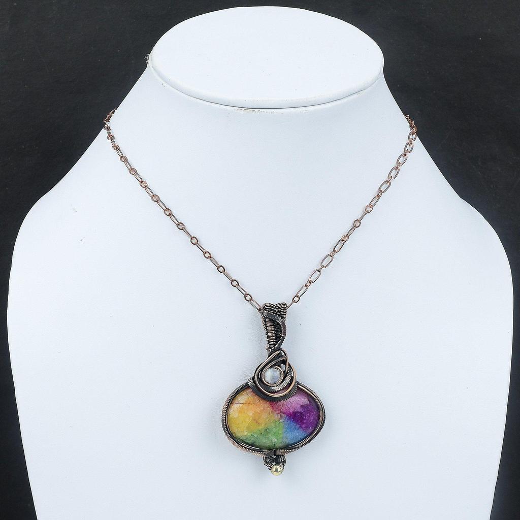 Радужный солнечный кварц Друзы Медная проволока Обернутый кулон Радужный кулон с лунным камнем Медные украшения Подвеска с драгоценным камнем для женщин Ювелирные изделия ручной работы