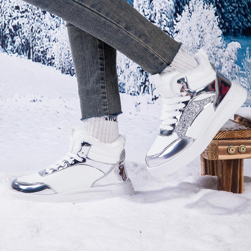 TUINANLE Winter Plush Shoes Women High Top Sneakers Lace Up Warm Bling Shoes