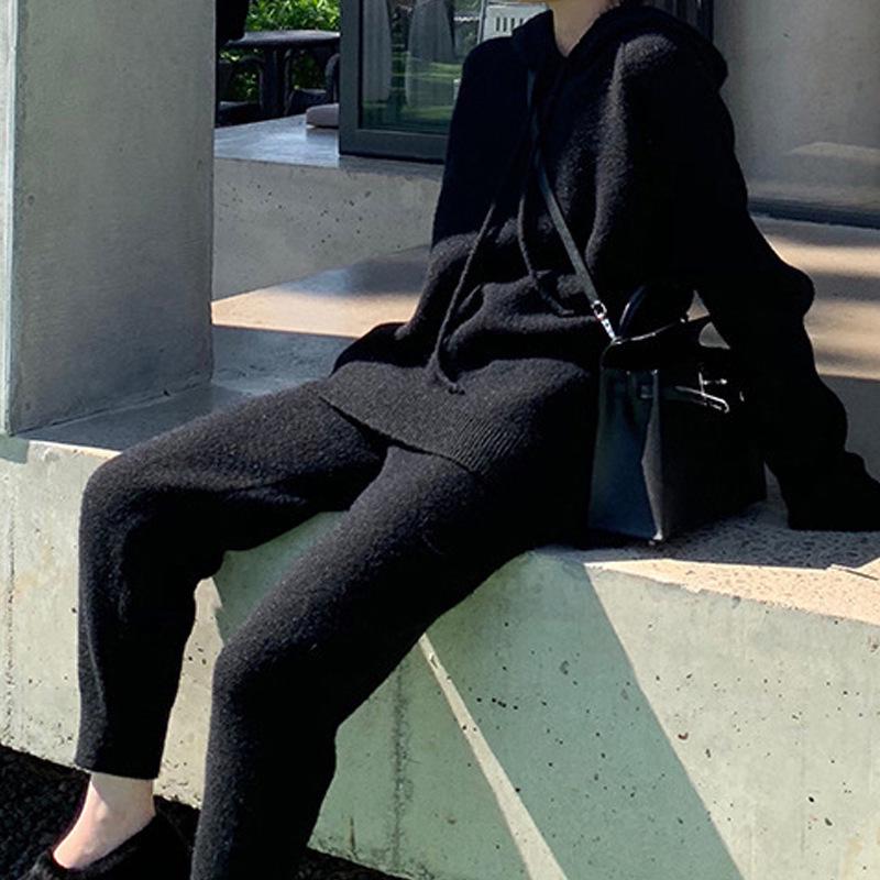 Women's Cozy Hooded Sweater & Knitted Carrot Pants Set - Ideal for Autumn/Winter