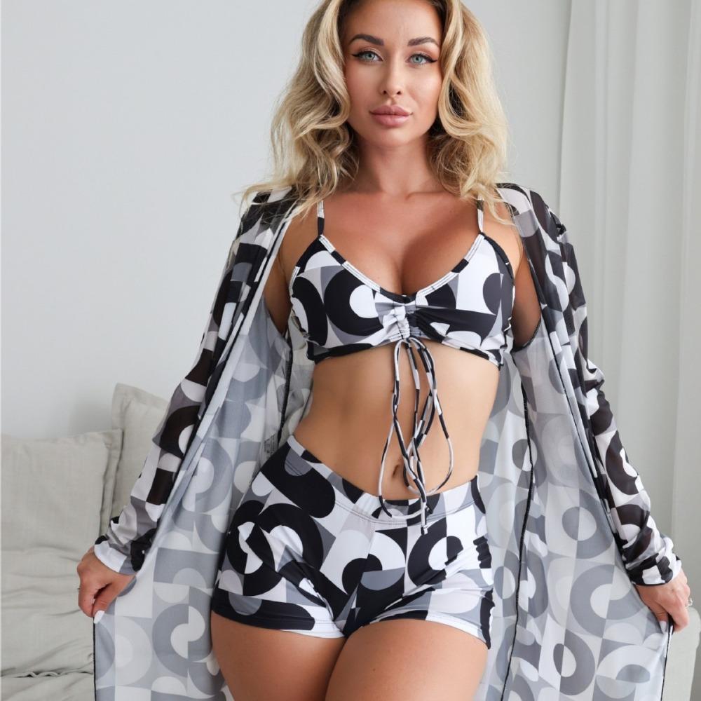 Женский трехсекционный комплект бикини с шортами-бойфрендами, модный купальник с бантом и пляжным парео