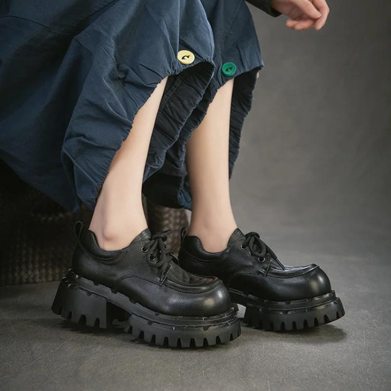 Johnature Женские туфли-лодочки на толстой подошве с круглым носком и шнуровкой в британском стиле, из натуральной кожи, универсальные, на высоком каблуке