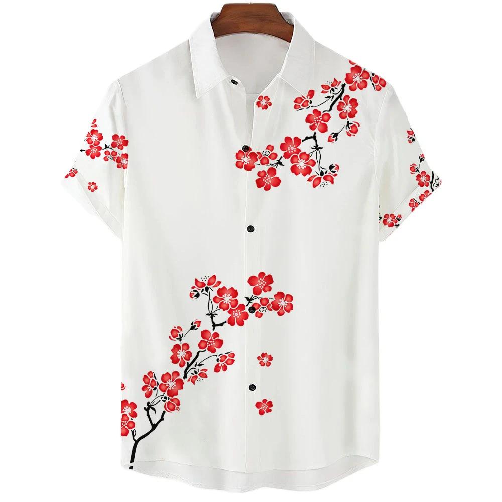 Japanese Aesthetic Cherry Blossom Print Men's Shirt Fashionable Luxury Lapel Button-down Shirt Casual Short-sleeved Tops
