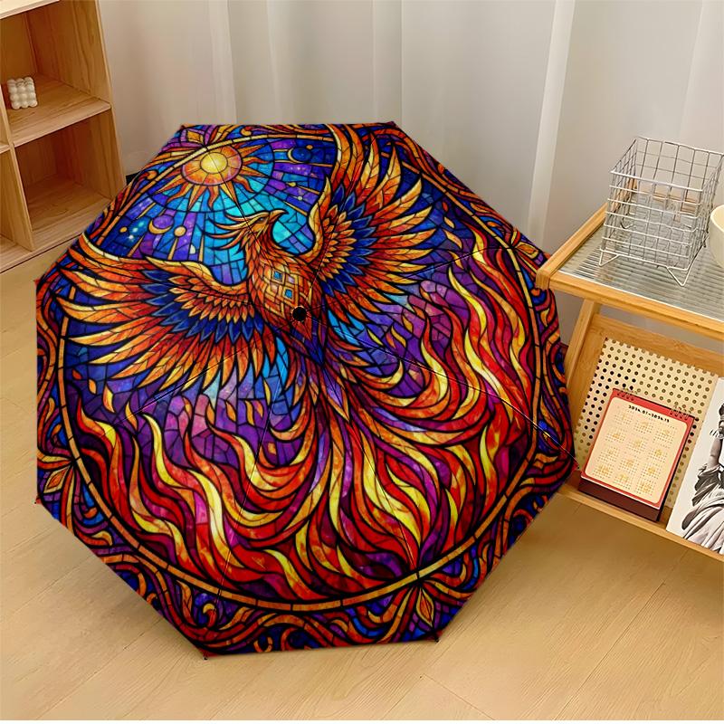 Phoenix Stained Glass (6) Printed umbrella windproof folding umbrella portable sun and rain umbrella suitable for gifting