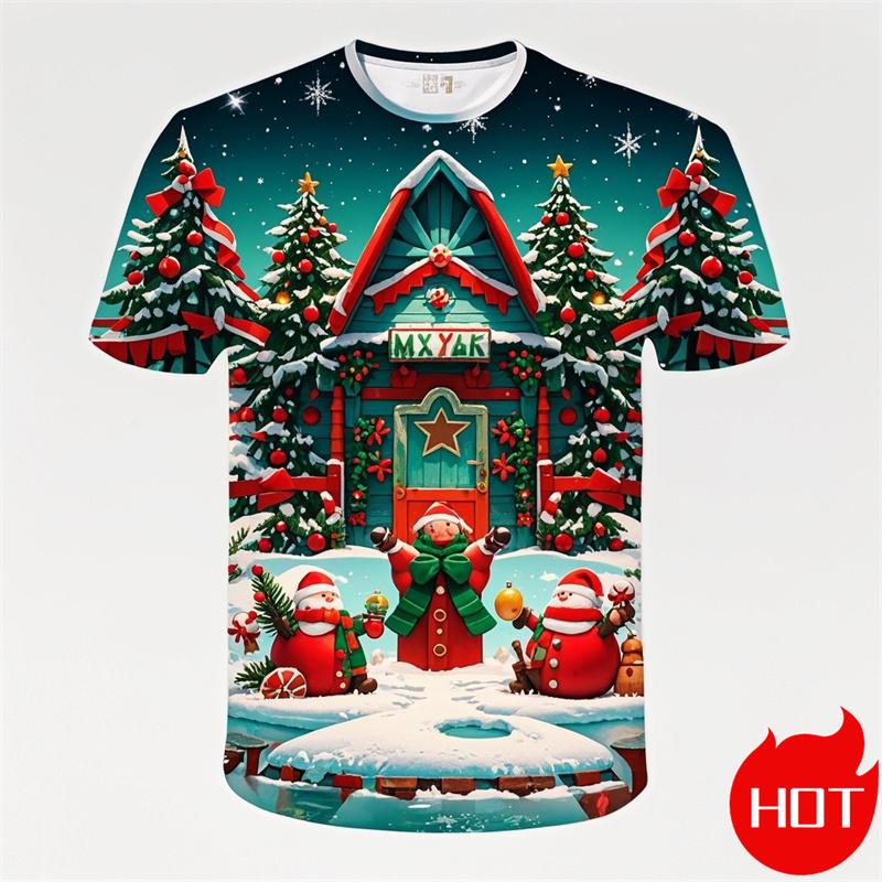 Summer Fashion 3D Merry Christmas Print T Shirt Cute Santa Xmas Christmas Trees Graphic T-shirts Men Funny Snowflakes Tee Shirts