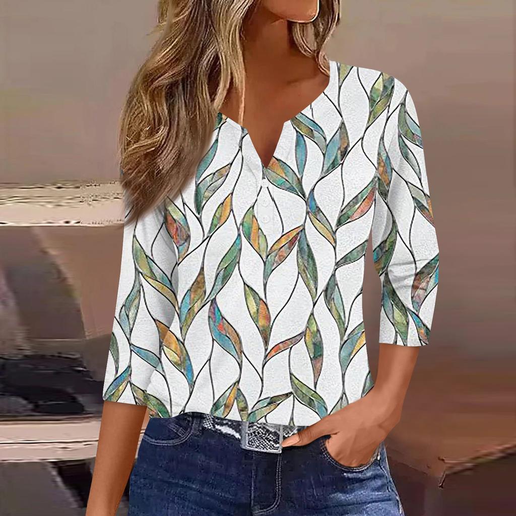 Жен. Футболка Футболка С принтом Пуговицы Рукав 3/4Ежедневно Выходные Мода Классический Топ с v-образным вырезом Обычный