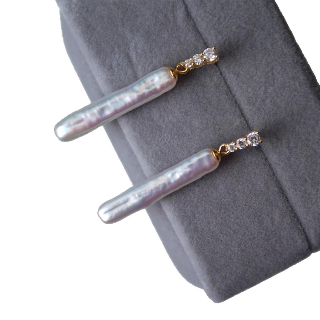 Long natural freshwater baroque pearl stud earrings thin silver bar earrings S925 silver needle zircon gold-plated earrings simple