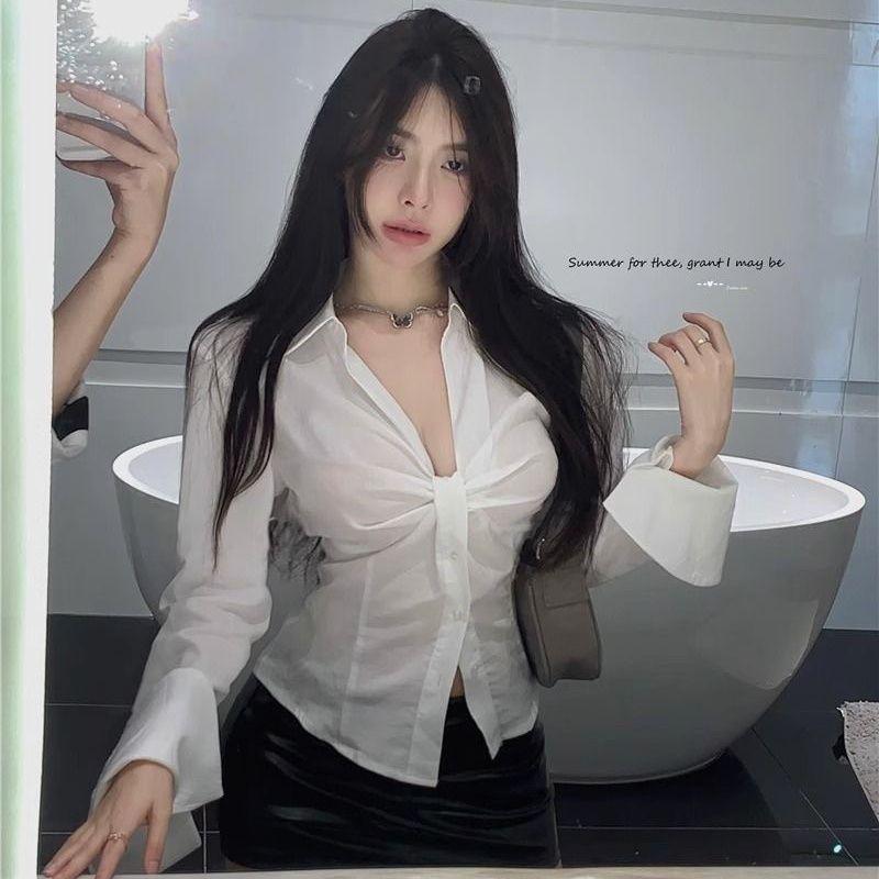 Женская белая блузка с V-образным вырезом и длинными рукавами - Французский шик, Приталенный дизайн с драпировкой для осени и лета