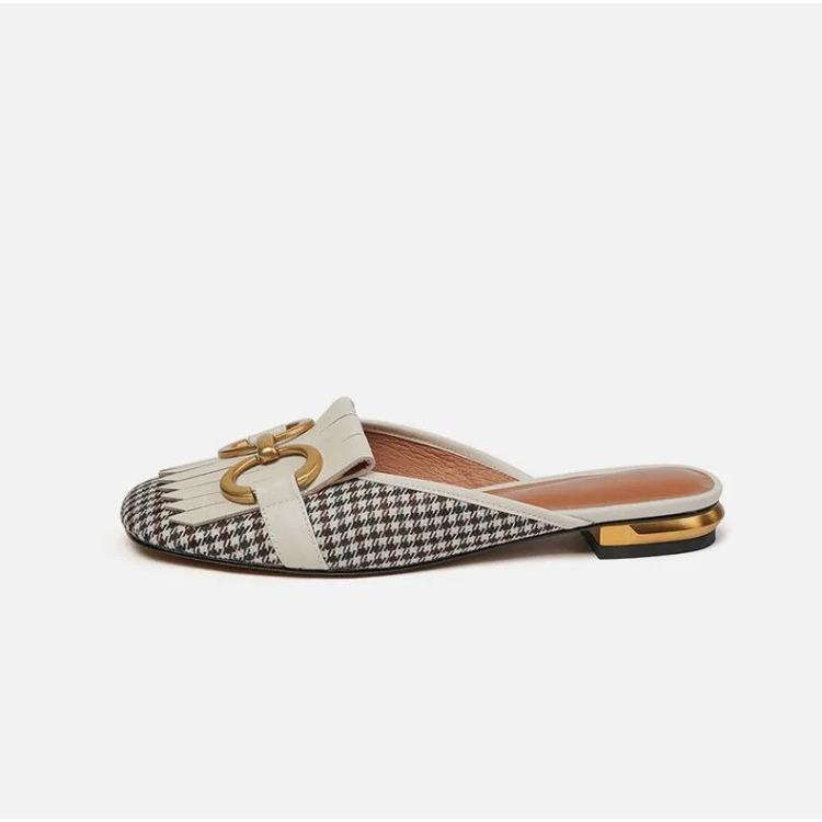 Summer Baotou Half Drag Sandals Female Retro Horsebit Buckle Low Heel Mueller Shoes Without Heel Square Head Slippers Fashion Women Breathable Shoes