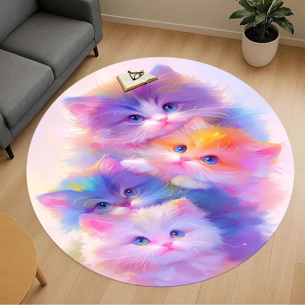 1PC Kitten Rainbow Fantasy Round Chair mat Area Rug - Non-Slip, Floor Mat for Office, Bedroom, home decor Christmas Gift c0528080