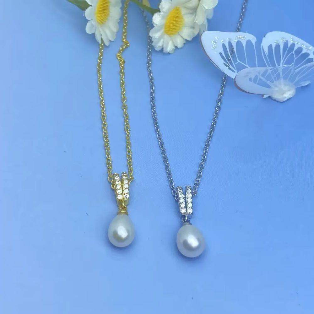 HENGSHENG 6-7mm Rice Shape Freshwater Pearl Pendant Necklaces Jewelry Gift Shine Zircon 45cm Chain Necklaces for Women Girls