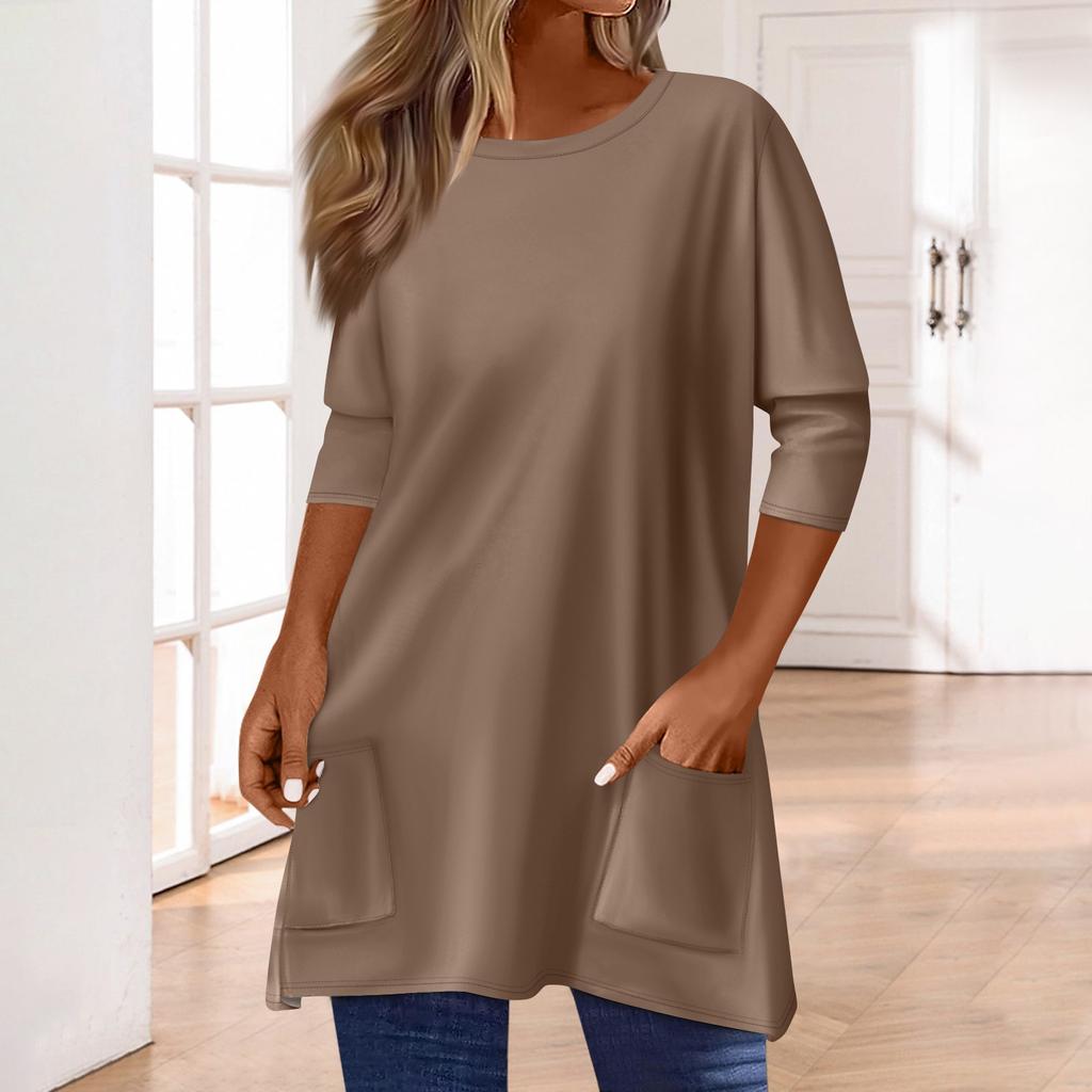 3/4 Sleeve Pocket Tops For Women T-Shirt Casual Print Mid-length Tops T Shirt Round Neck Pullover Blouse
