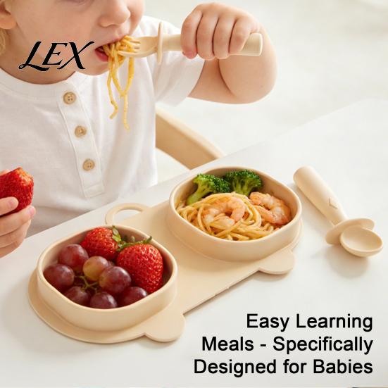 Easy Storage Kids Feeding Tray Silicone Baby Foldable Dinner Plates with Fork And Spoon, Travel Friendly Tableware Essentials, Toddler Divided Suction