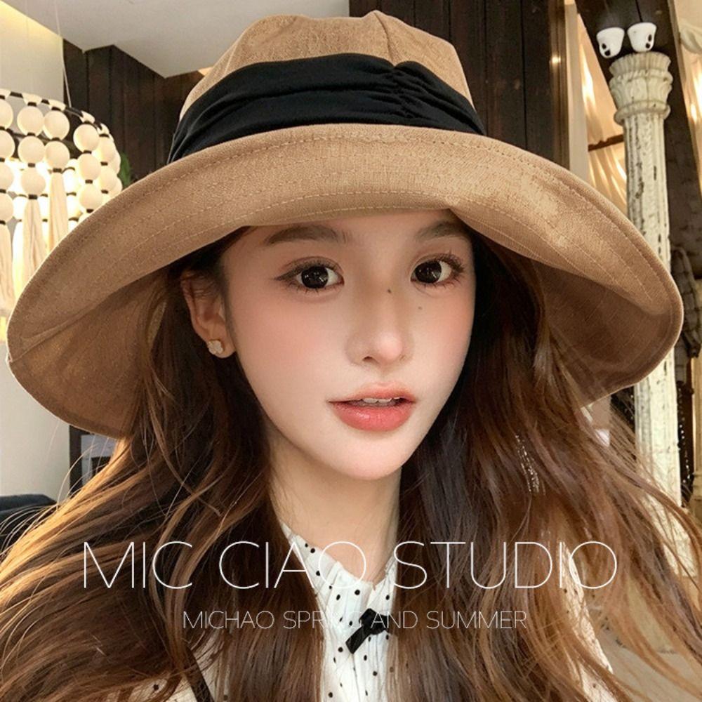 Solid Color Cotton Linen Fisherman Hat Cotton Linen Breathable Summer Sun Hat Wide Brim Sun Protection Sunshade Hat Ladies