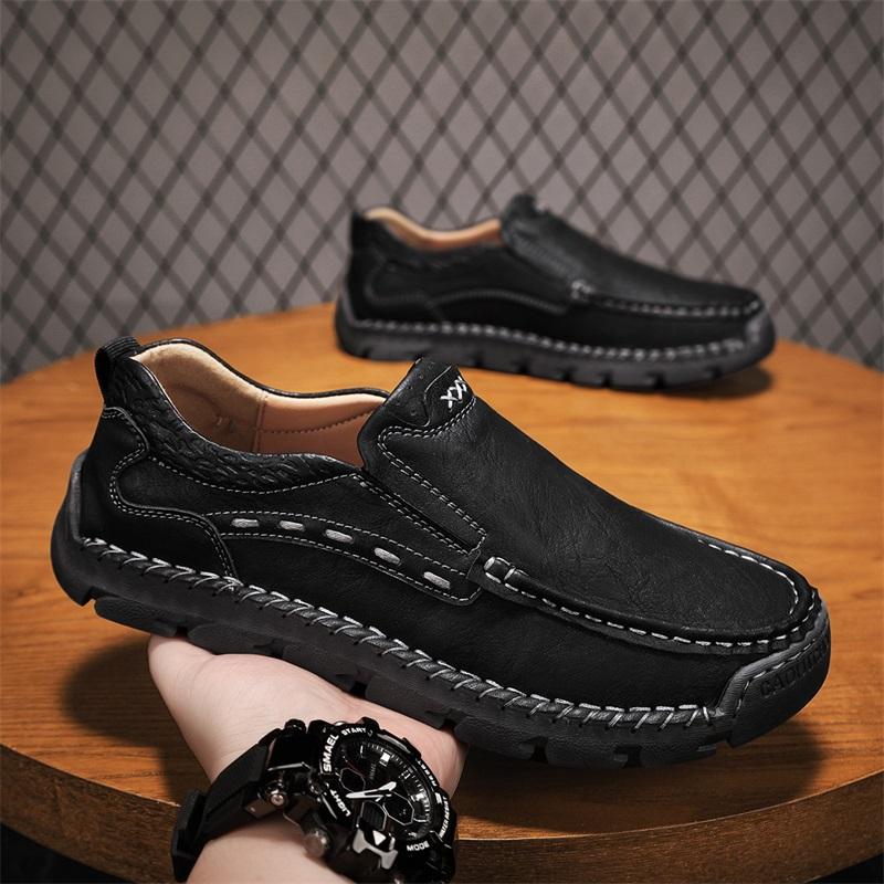 FashionMens Genuine Leather Shoes Slip On British Style Leisure Loafers Shoes Soft Bottom Wear-resistant Comfortable Shoes Men Footwear