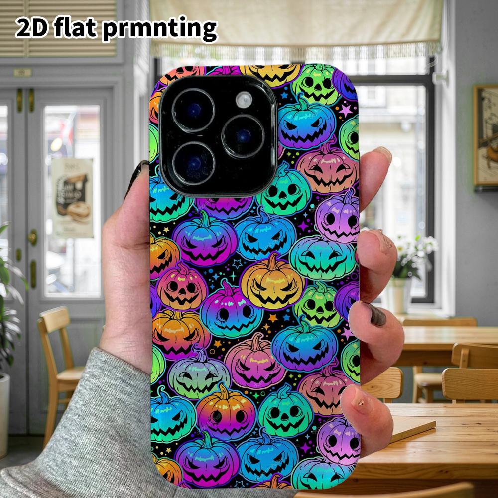 Phone Case: 2D flat design suitable for iPhone 18, 17, 16, 15, 14, 13 Pro film protective case, couple style, rainbow pumpkin, Christmas and Halloween
