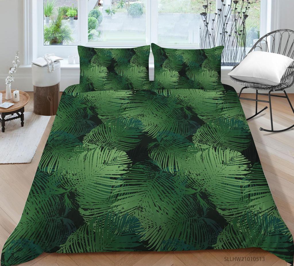 3D Green Leaf Bedding Plant Down Quilt Cover and Pillowcase 2 or 3 Pieces of Microfiber Fabric with Zipper Washable Super Soft Home Decoration