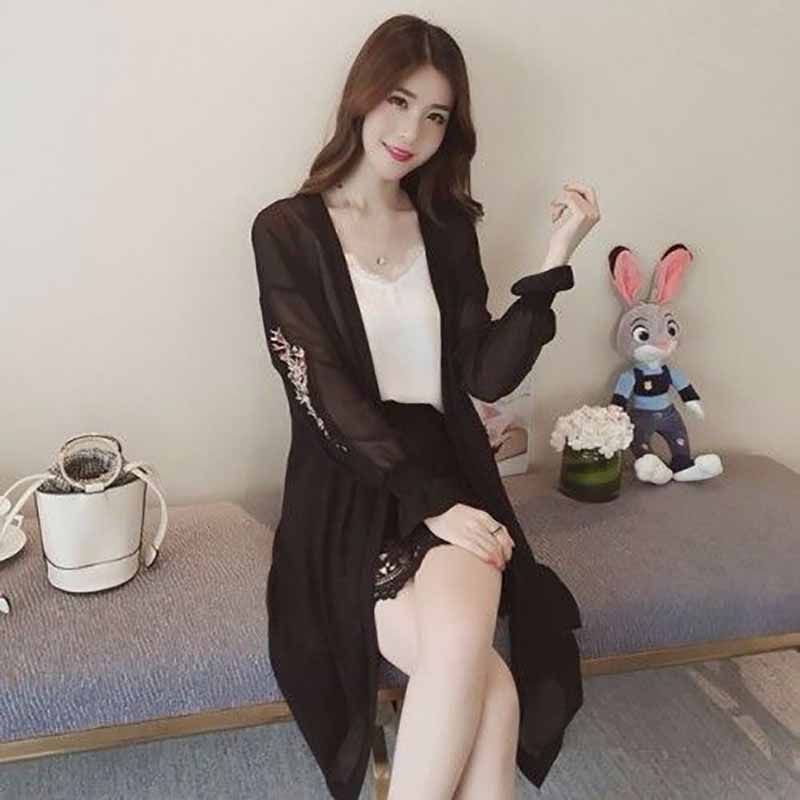 Summer Women's Cardigan Long Sleeved Sunscreen Chiffon Shirt Medium Long Anti Ultraviolet Embroidered Shawl Ultrathin Coat
