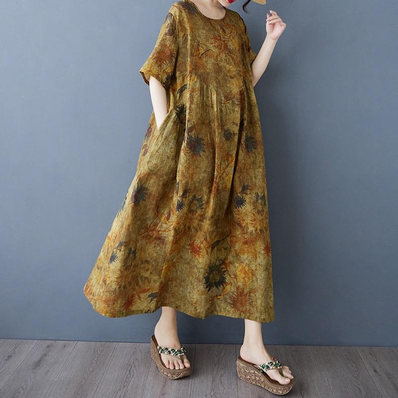 Новое хлопковое винтажное платье с цветочным принтом больших размеров с коротким рукавом для женщин, повседневное свободное длинное летнее платье