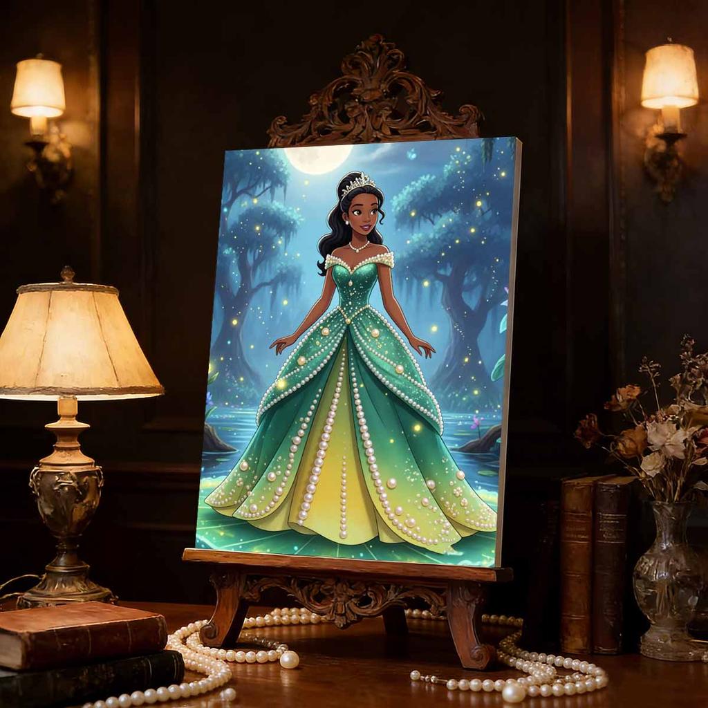 Disney Жемчужная живопись Принцесса Тиана Зелено-золотой градиентный юбка Творческий 5D Изысканный пейзаж Сверкающее ремесло Домашний настенный декор DIY Ручной работы Подарок