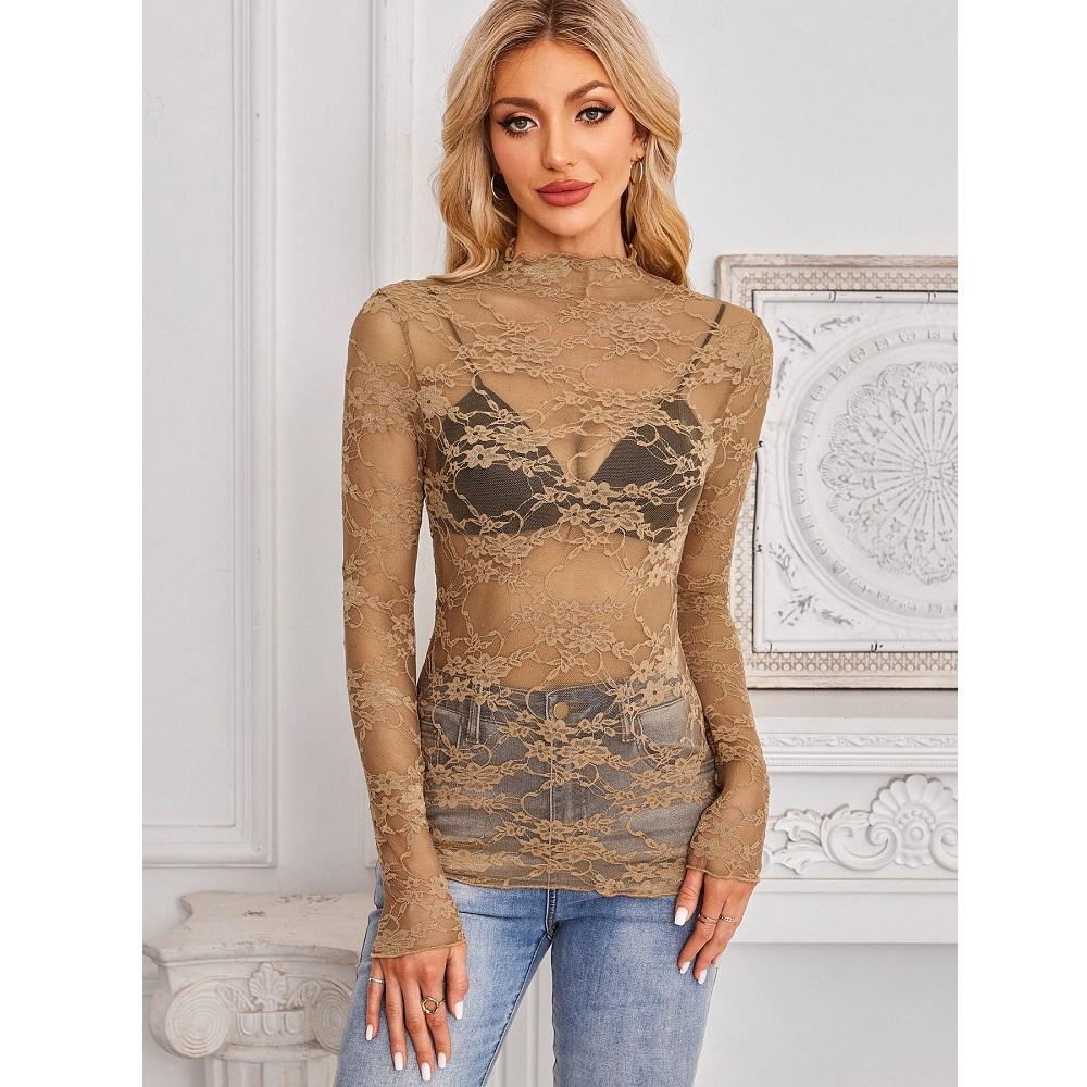 Женские сетчатые прозрачные кружевные топы с круглым вырезом и длинными рукавами, женские облегающие топы с цветочной вышивкой, женские нарядные футболки