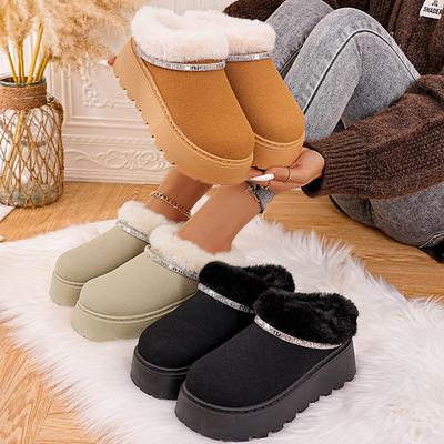 Модные хрустальные ремешки, меховые ботильоны до щиколотки, женские теплые короткие плюшевые ботинки на платформе, зимние ботинки, женская удобная нескользящая толстая подошва, хлопковая обувь