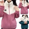 Women Winter Fall Coat Thickened Plush Color Matching Stand Collar Zipper Closure Long Sleeve Casual Cardigan Warm Heat Retention Pockets Lady