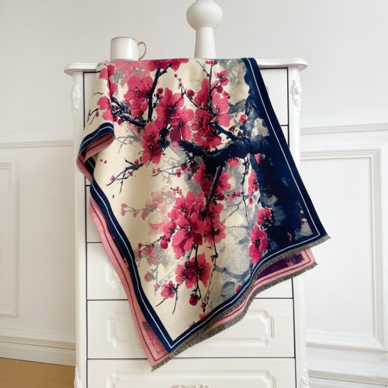 Ink Painting, Flower Imitation Cashmere Printing Scarf, New Elegant Women's Warm Scarf, Fashionable Retro Shawl