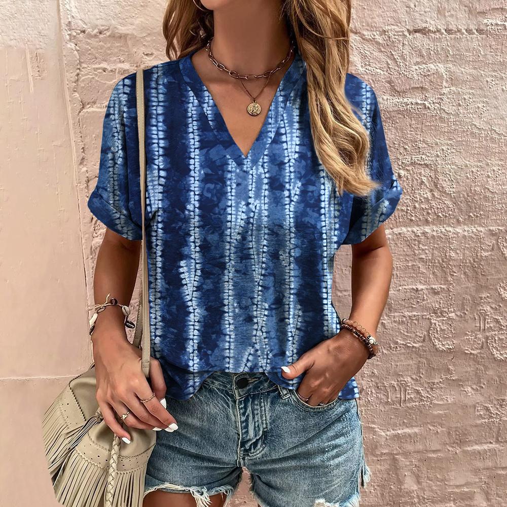 Летняя женская футболка с полосатым принтом, футболка в стиле тай-дай с коротким рукавом, женская одежда, V-образный вырез, свободная блузка, женские футболки