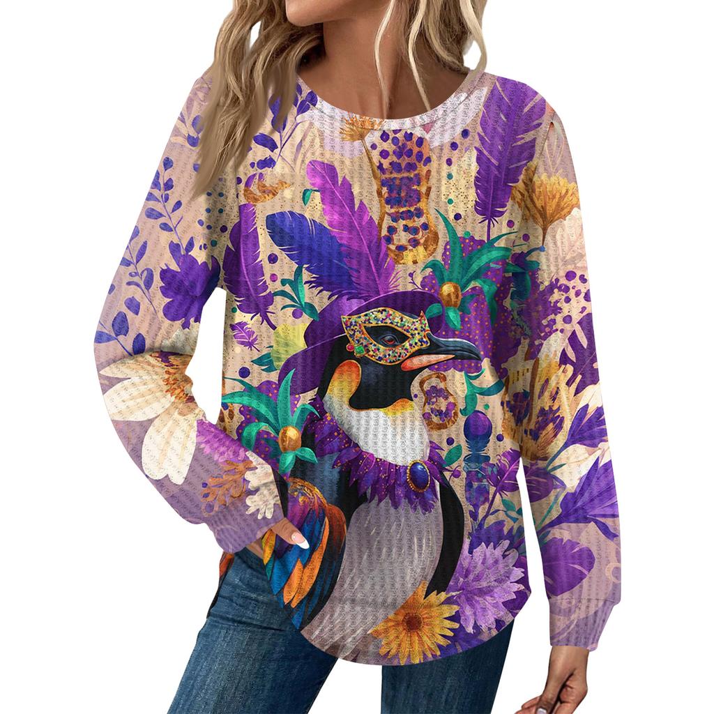 Women's Fashion  Loose Long Sleeve Carnival Print  Round Neck Casual Top