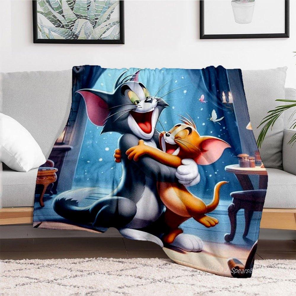 "Tom & Jerry Hug: Classic Cartoon Art Print"Blanket Flannel Throw Blanket for Sofa, Bed, Travel, Camping, Office