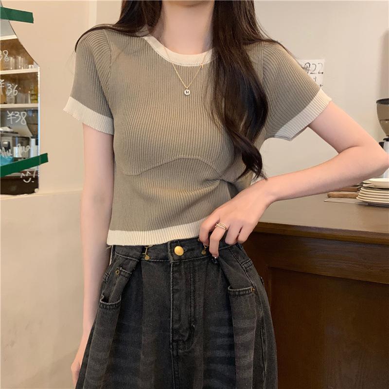 Футболка Color Clash с короткими рукавами, трикотажные короткие женские простые летние топы Sense Niche, повседневные, удобные и стильные, облегающие свитера, футболки