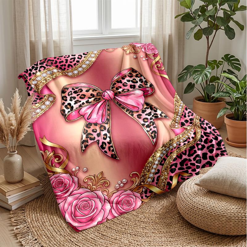 Pink Leopard Bow Frame 1 Theme blanket Lightweight Warm Flannel Blanket Decorative Throw Blanket for Home Decoration