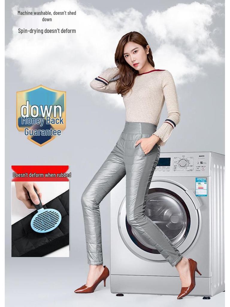 Женские утепленные пуховые брюки с высокой посадкой - Приталенный крой, Большой размер, На флисовой подкладке, Теплая зимняя одежда для женщин среднего и пожилого возраста
