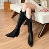 Модные Женские Осенне-Зимние Цвета Нового Стиля Европейские и Американские Ботильоны с Острым Носком на Толстом Каблуке с Высоким Голенищем и Большой Западной Боковой Молнией из Денима
