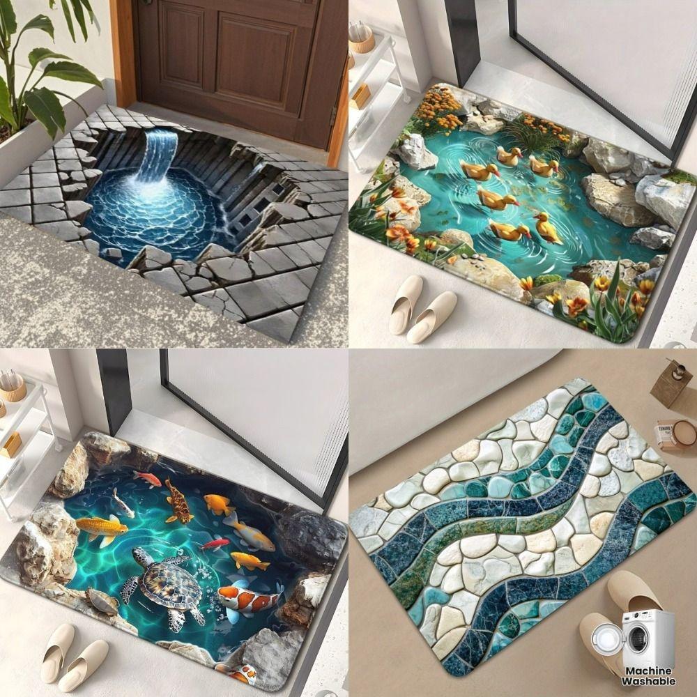 Turtle Koi Printed 3D Visual Effect Mat 2D Flat Door Rug Floor Mat Thickened Bathroom Mat Kitchen