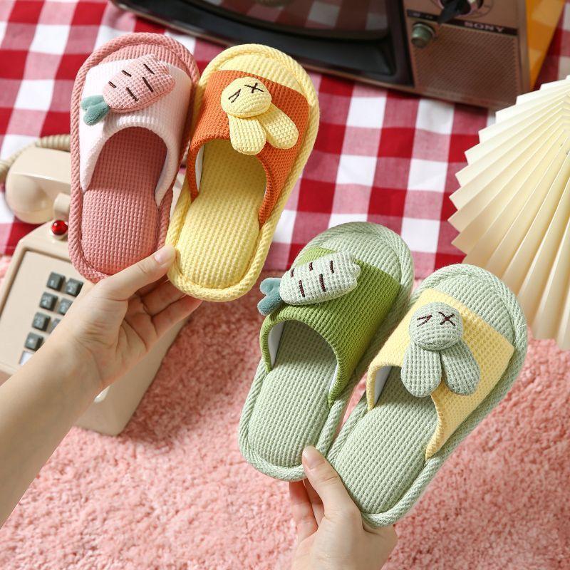 Linen Children's Slippers Radish Rabbit Four Seasons Home Indoor Non-slip Silent Breathable Sweat-absorbing Cartoon Slippers Men and Women