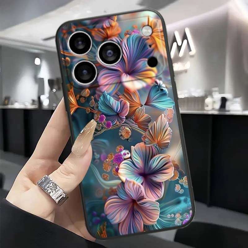 Чехол для телефона с узором «Цветок бабочки» для Apple iPhone 17 16 16E 15 14 13 12 11 Pro Max Plus Черный Мягкий Силикон