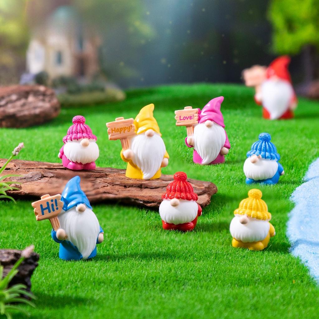 8/16PCs Cute Mini Dwarf Doll Figurine Miniature Resin Gnome Doll Raise A Sign Garden Fairy Landscape Crafts Desktop Ornaments