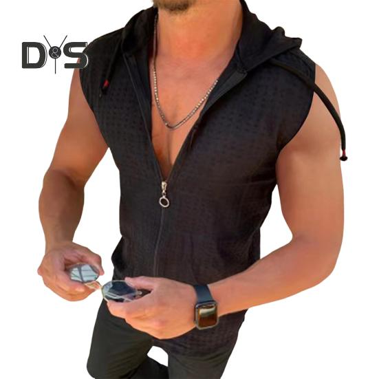3D Cutting Vest Top Drawstring Модная летняя спортивная толстовка без рукавов с капюшоном