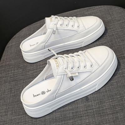 Тапочки-полутапочки из натуральной кожи с плоским носком, женские, летние, новые, сетчатые, дышащие, без каблука, белые туфли