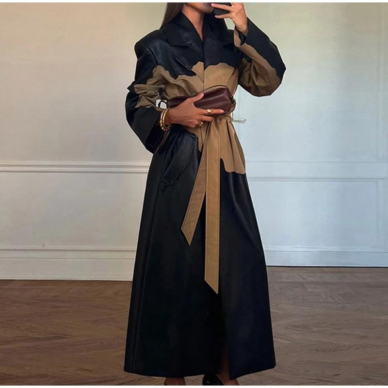 Контрастная кожаная длинная женская куртка со шнуровкой на лацканах с длинным рукавом, женская макси-куртка из искусственной кожи, осенне-зимнее уличное женское пальто с карманами