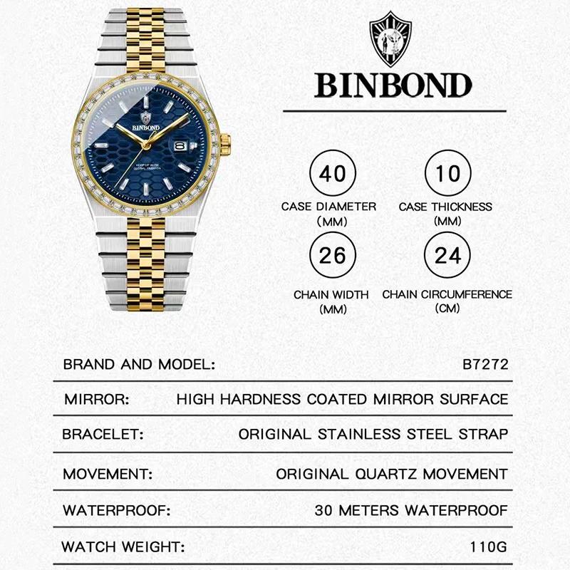 BINBOND New Fashion Men's Watches Date High-end Waterproof Sport Clock Business Quartz Male Stainless Steel Watch Relojes Hombre