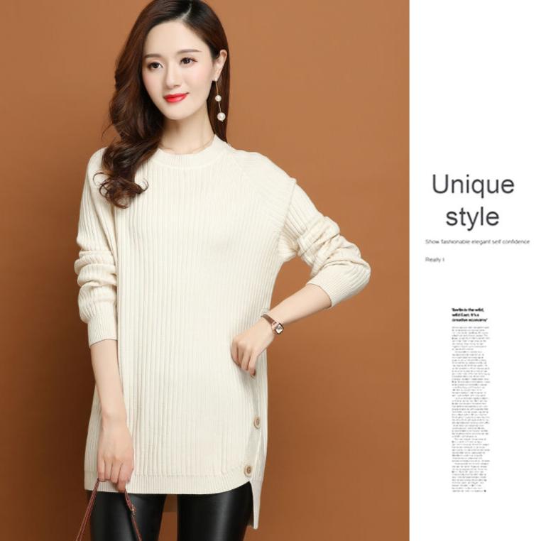 Women's Crew Neck Sweater Autumn Winter Loose Midi Pullover Knitwear Simple Irregular Hem Thick Knit Top Solid Color Stretch Jumper