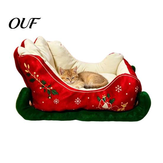 Durable Cat Nest Christmas Sleigh Shaped Pet Bed, Cozy Holiday Dog Sofa Anti?Slip Base Furniture Soft Cushion, Washable Sleeping Bed for Small