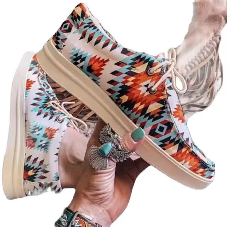 Обувь для женщин 2024 года, модная обувь больших размеров, женская повседневная обувь на шнуровке, женская обувь на плоской подошве с принтом в этническом стиле, Zapatos Mujer