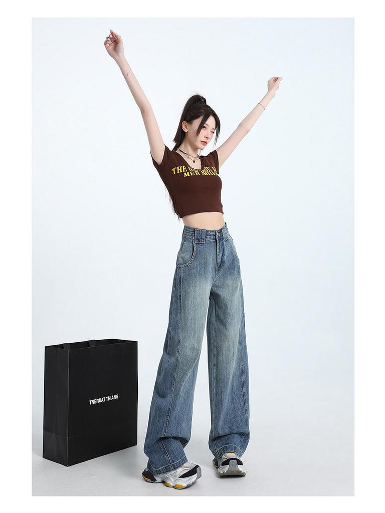 Женские осенние ретро джинсы с высокой посадкой, выстиранные, широкие штанины